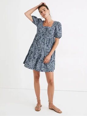 Madewell Poplin Puff-sleeve tiered babydoll dress in paisley garden
